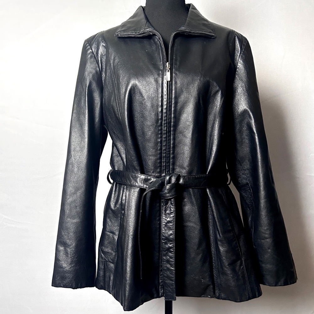 Vintage Outbrook Black Leather Jacket Womens Large Belted Zip Coat 90s